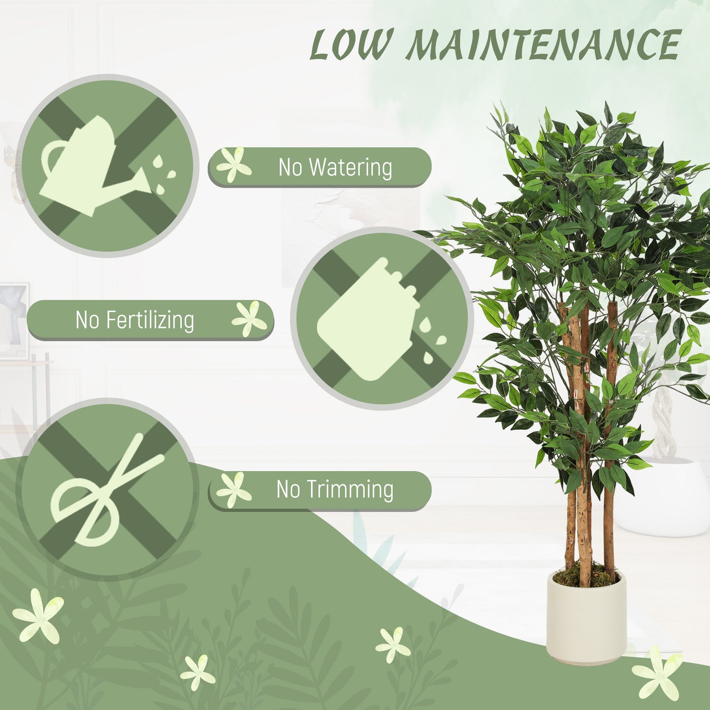 120cm Artificial Ficus Tree, Decorative Artificial Plant with Solid Wood Trunk and Pot for Indoor Living Room Home Office Decor, Green