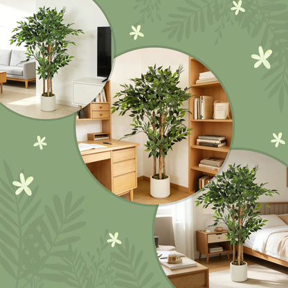 120cm Artificial Ficus Tree, Decorative Artificial Plant with Solid Wood Trunk and Pot for Indoor Living Room Home Office Decor, Green