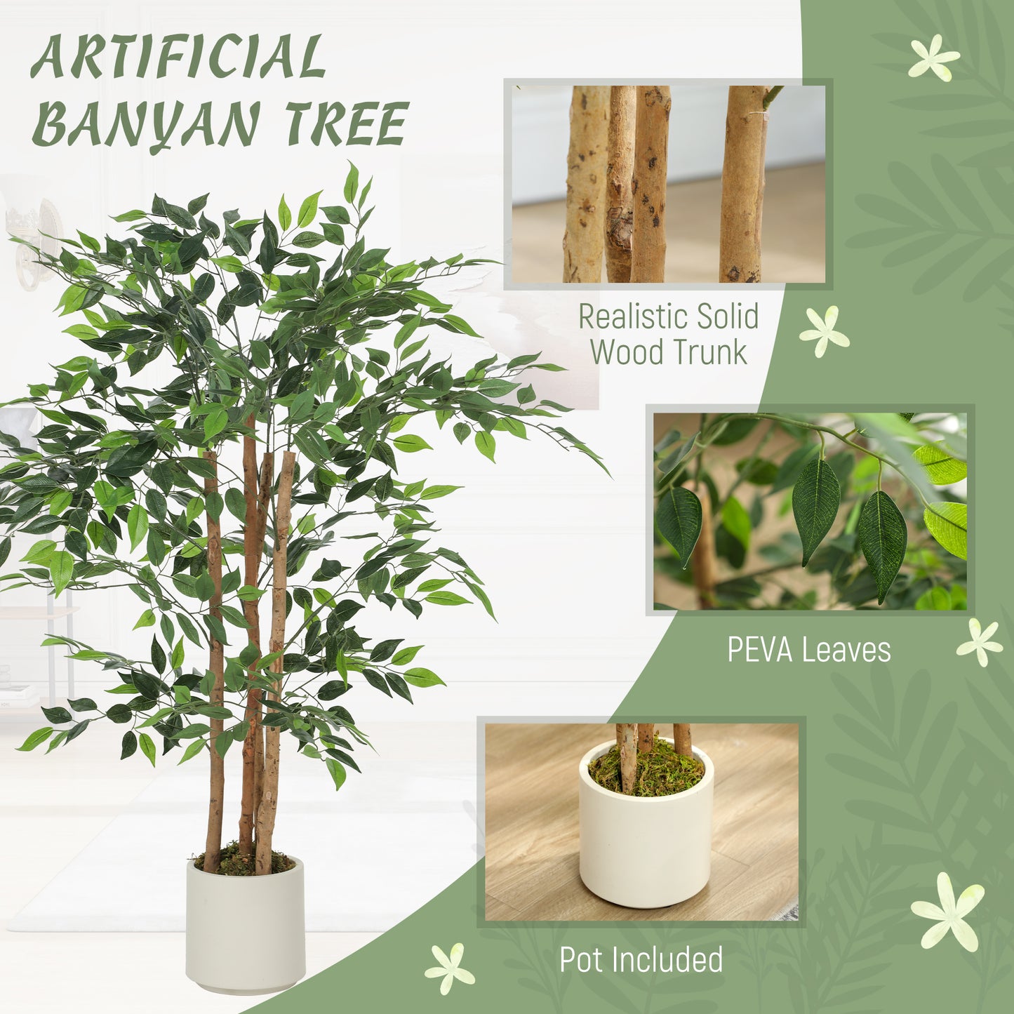 120cm Artificial Ficus Tree, Decorative Artificial Plant with Solid Wood Trunk and Pot for Indoor Living Room Home Office Decor, Green