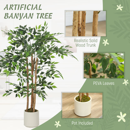 120cm Artificial Ficus Tree, Decorative Artificial Plant with Solid Wood Trunk and Pot for Indoor Living Room Home Office Decor, Green