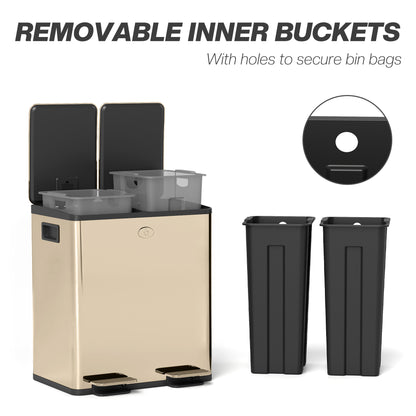 2 x 20L Dual Kitchen Bin Pedal Bin for Recycling and Waste, Gold Tone