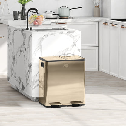 2 x 20L Dual Kitchen Bin Pedal Bin for Recycling and Waste, Gold Tone