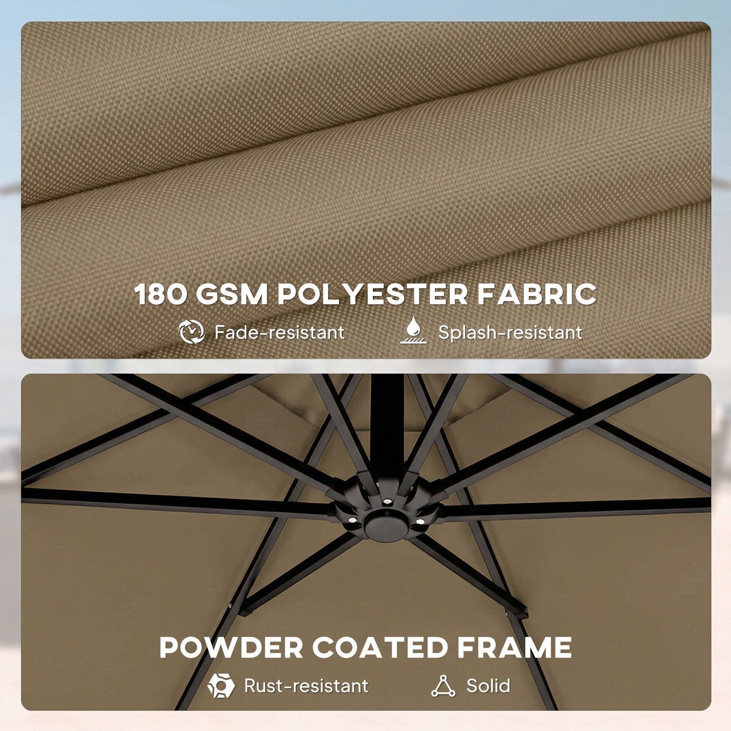 3 m Garden Cantilever Parasol with Cover, Rotation, Khaki