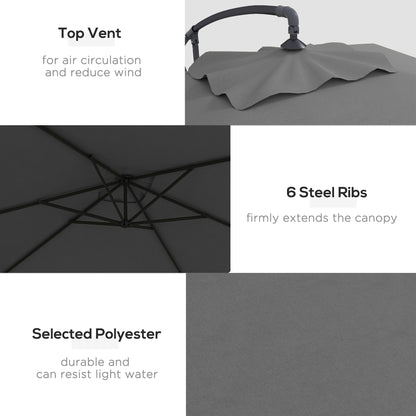 3x2m Cantilever Parasol with Cross Base, Banana Parasol with Crank Handle and 6 Ribs, Rectangular Hanging Patio Umbrella
