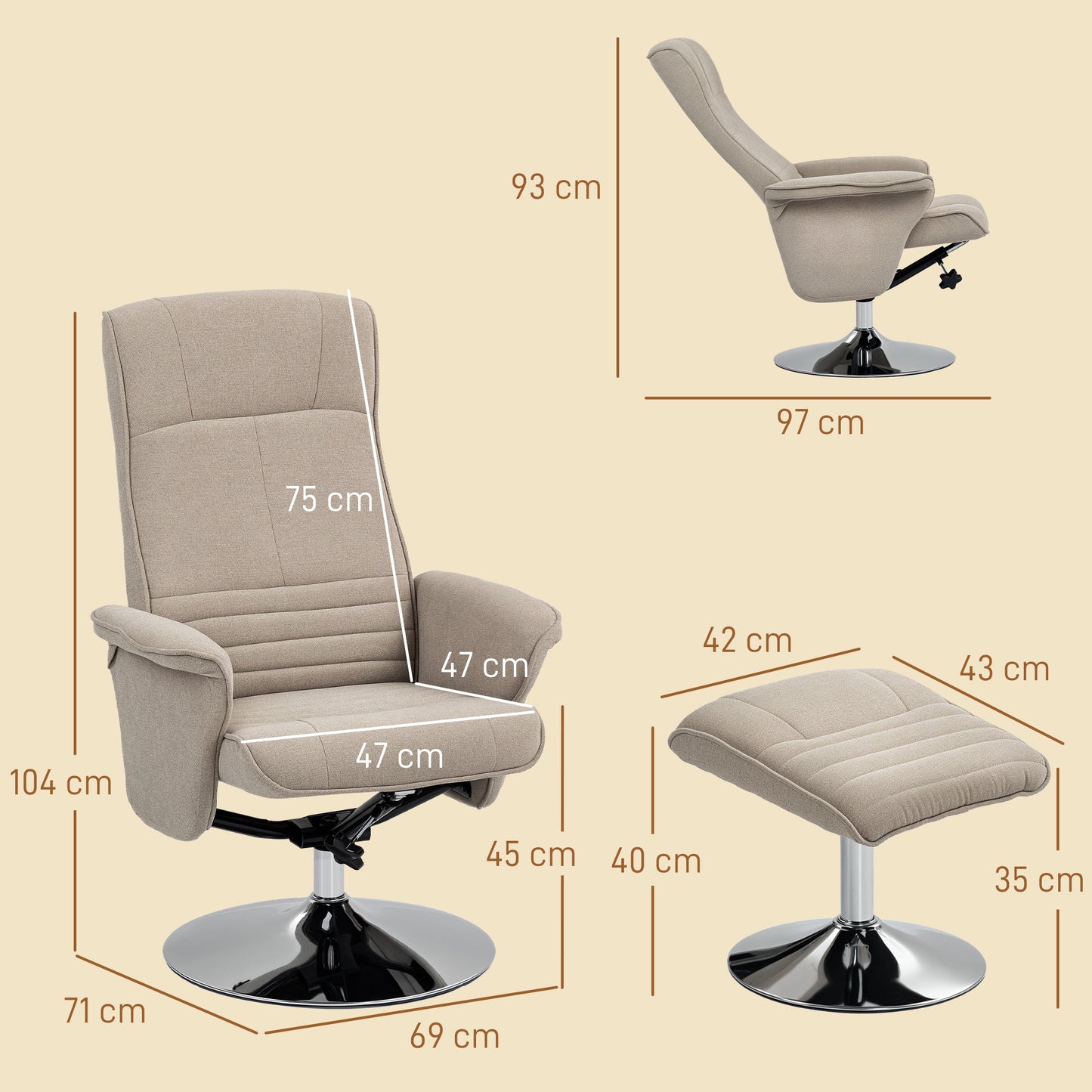 Upholstered Swivel Recliner Armchair with Ottoman, Beige