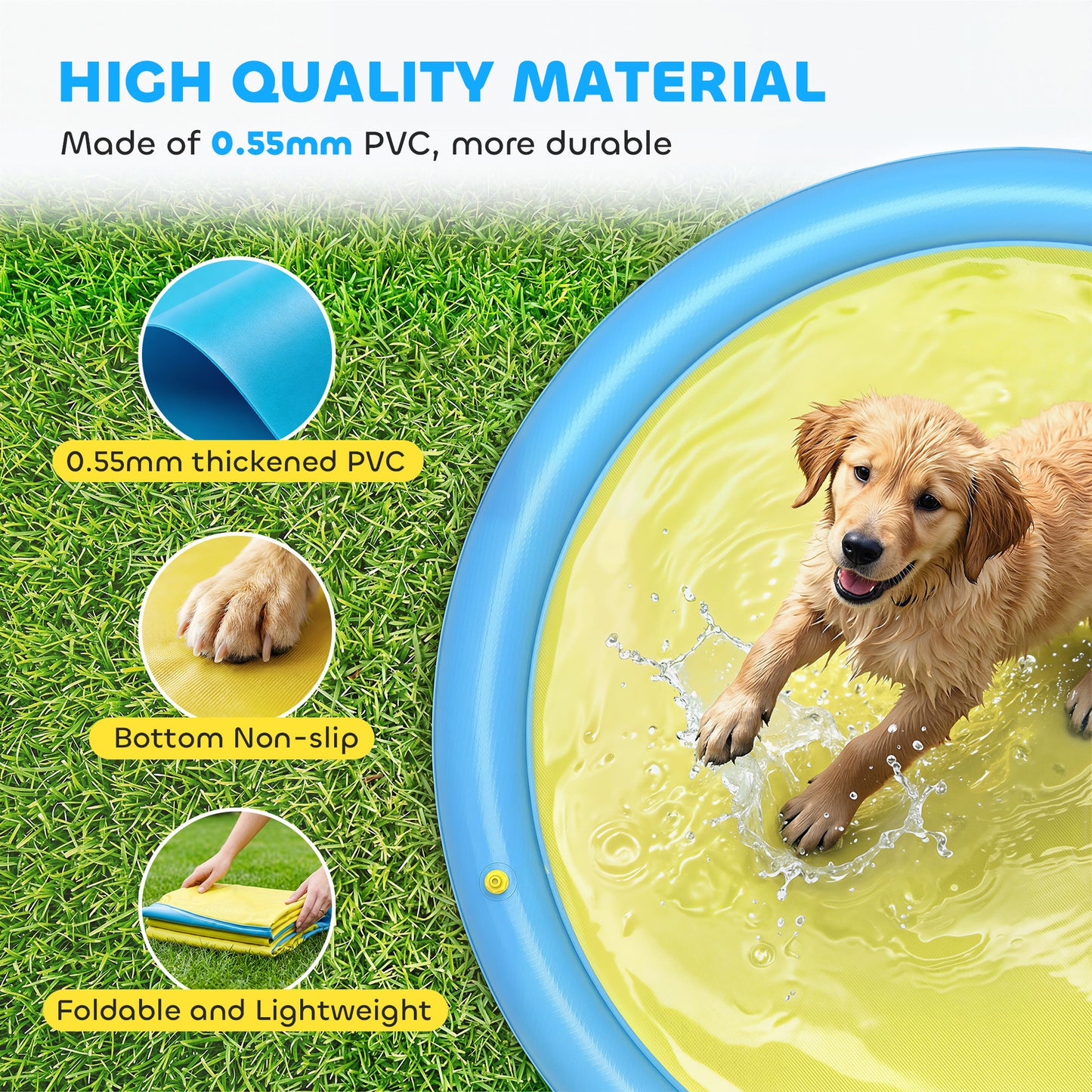 Dog Splash Pad, Pet Sprinkler Mat, Non-Slip Dog Paddling Pool, Foldable Outdoor Sprinkler and Splash Mat Water Play for Garden, Patio, Summer Fun, 150 cm, Yellow