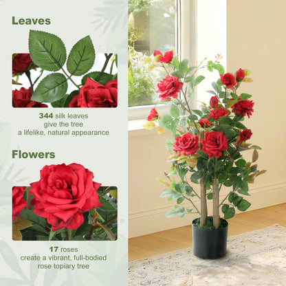90cm Artificial Rose Tree with 344 Silk Leaves and 17 Flowers, Red