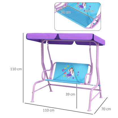 2 Seater Kids Garden Swing Fairy Themed Kids Swing Chair with Adjustable Canopy, Safety Belts for Park Porch Poolside