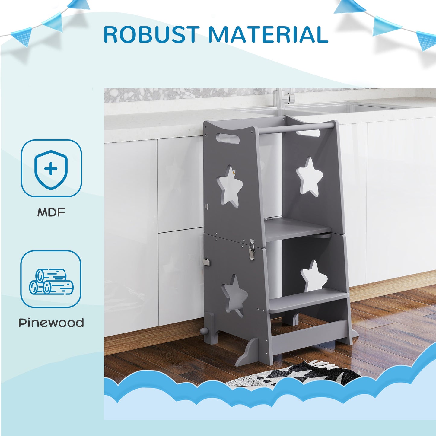 2-in-1 Toddler Step Stool with Safety Rail for Kitchen, Grey