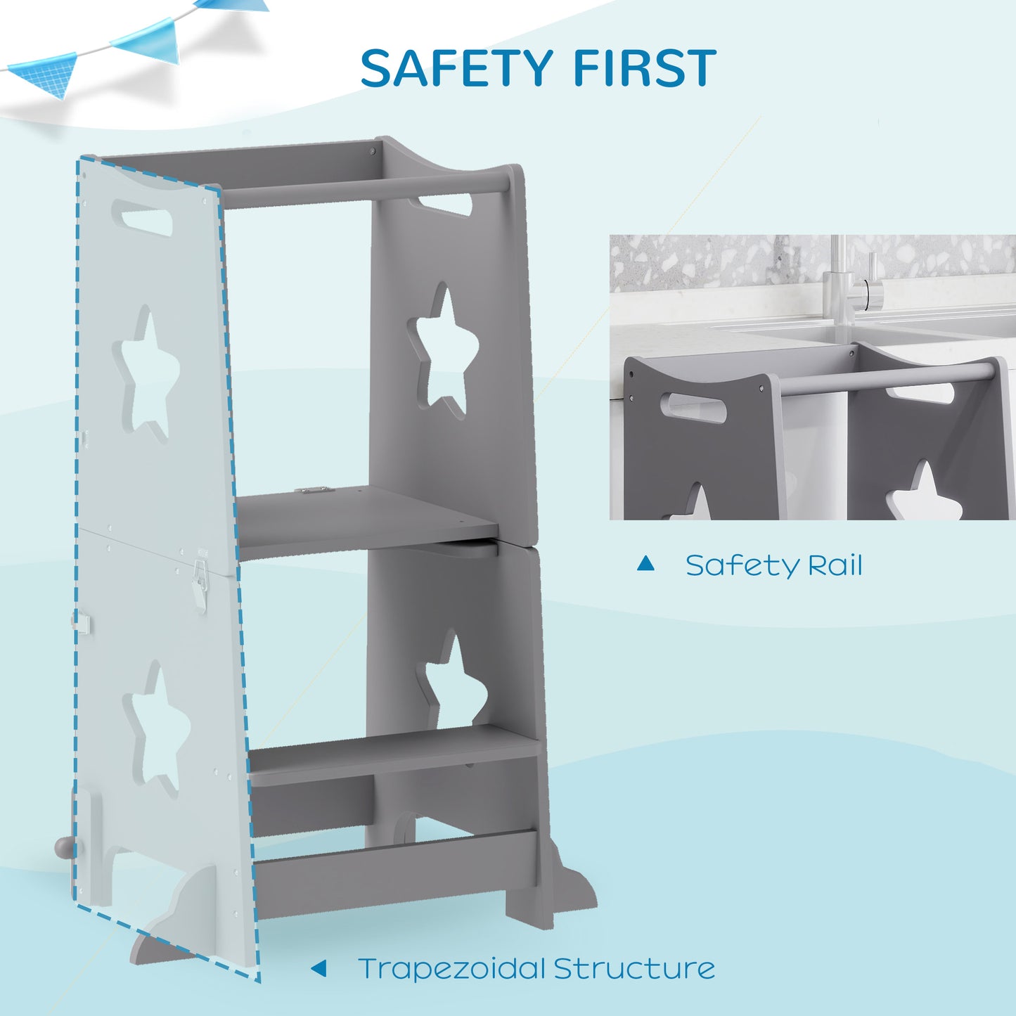 2-in-1 Toddler Step Stool with Safety Rail for Kitchen, Grey