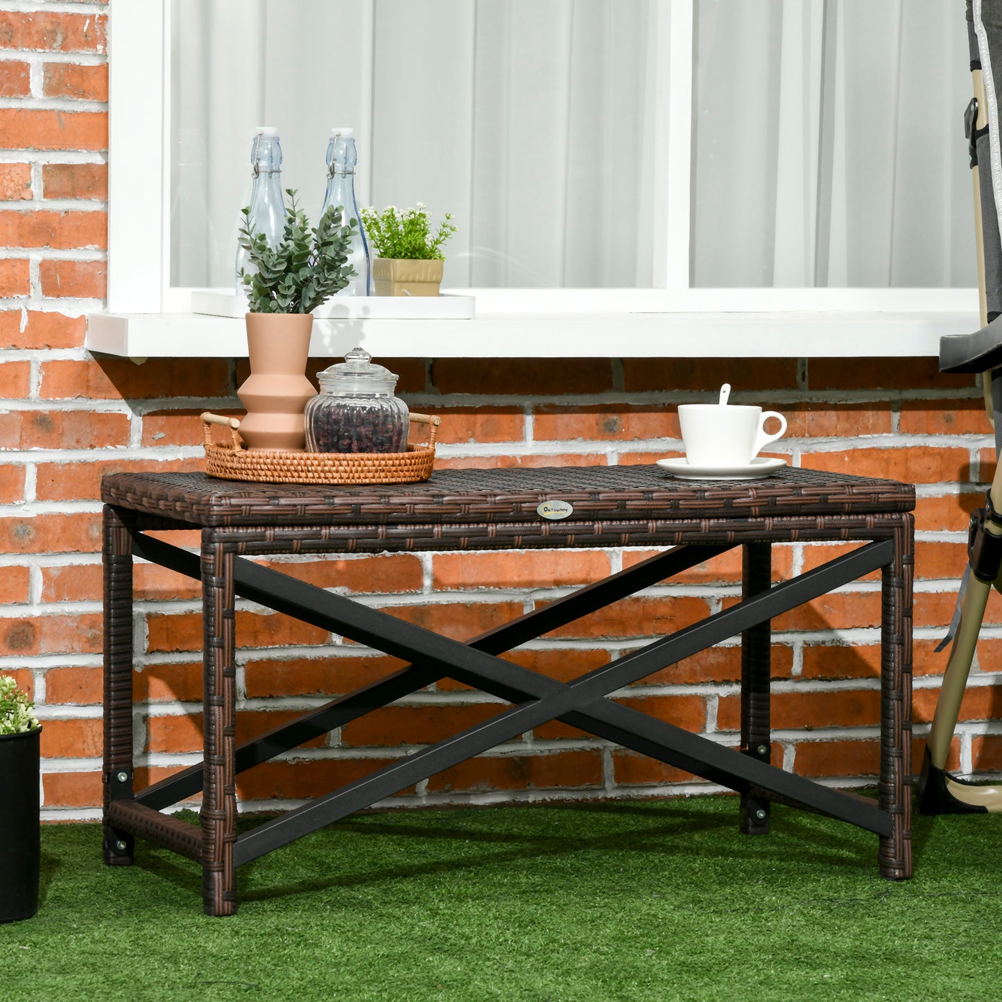 PE Wicker Outdoor Coffee Table, Rattan Side Table w/ Plastic Board