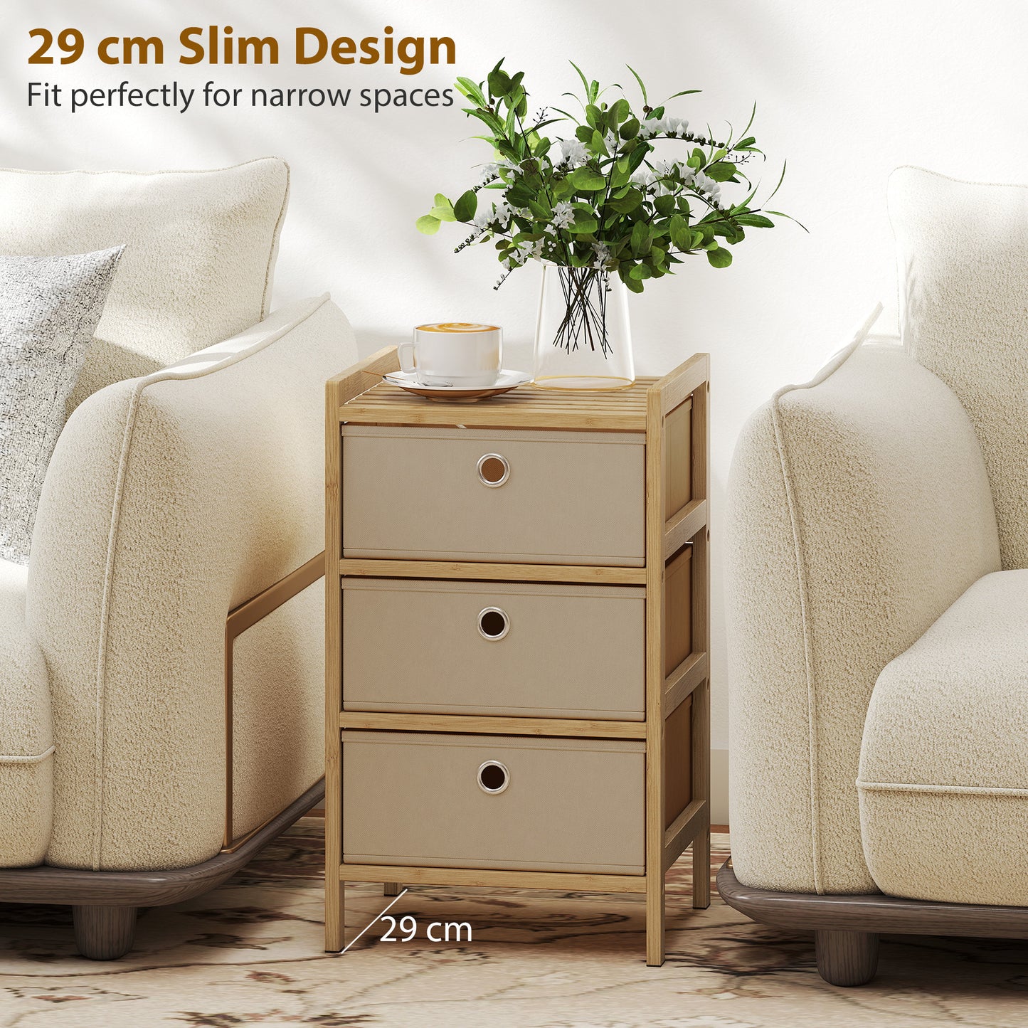 Chest of Drawers, 3 Drawers Dresser with Bamboo Frame, Cream White