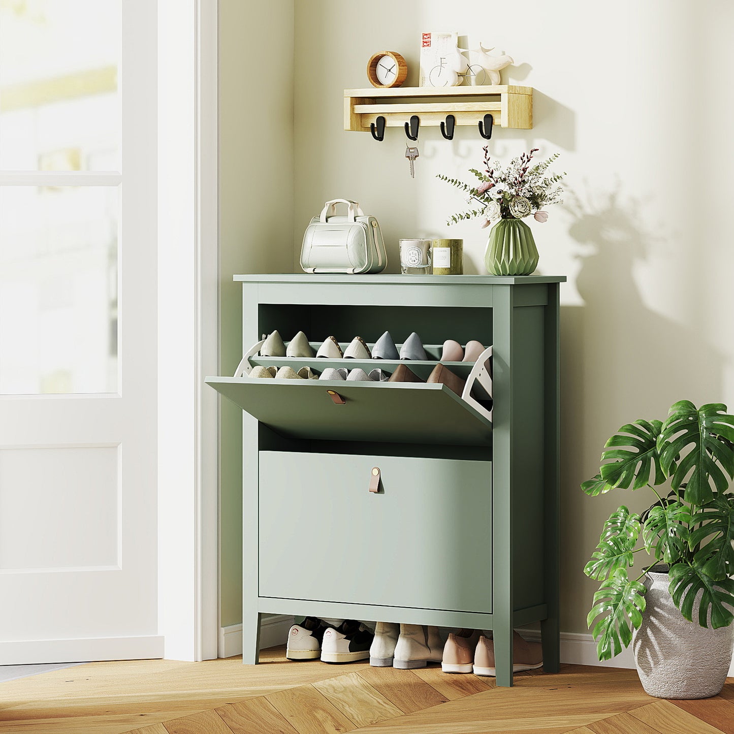 2 Drawer Shoe Cabinet with Flip Doors for Hallway, Entryway, Green