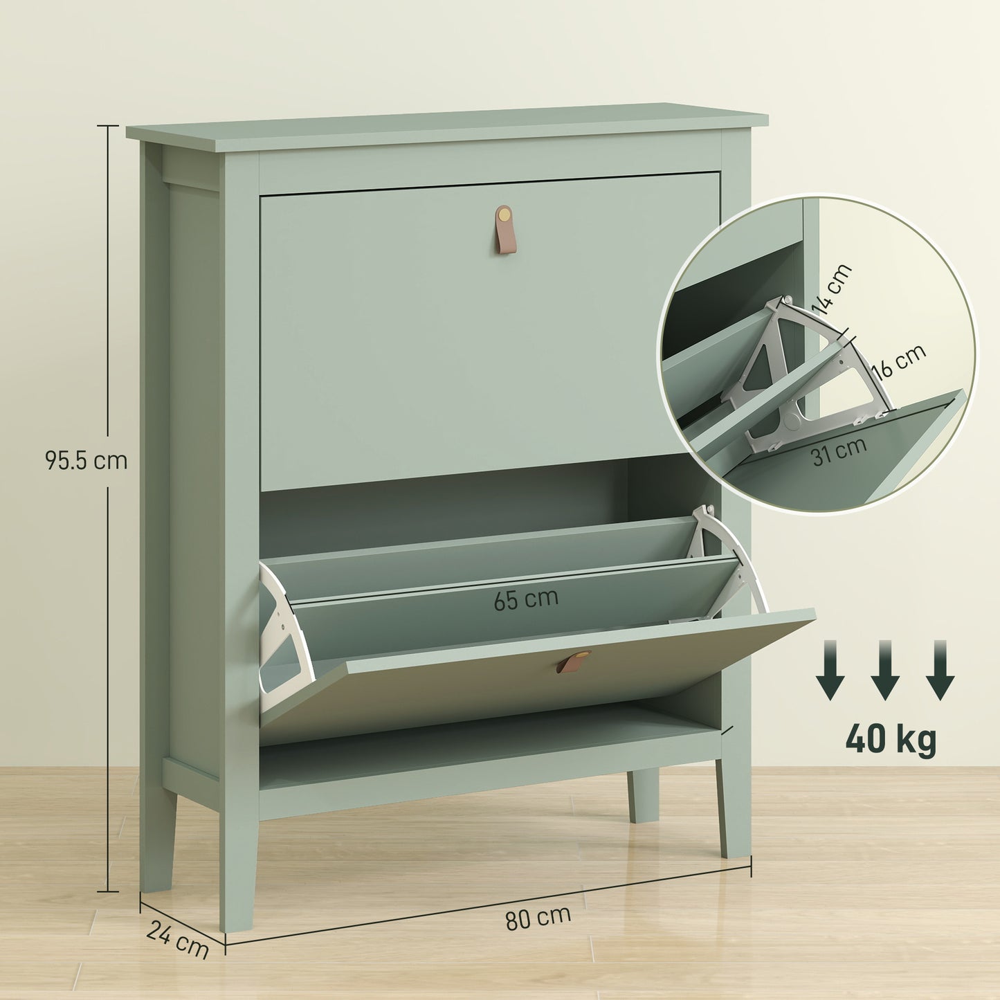 2 Drawer Shoe Cabinet with Flip Doors for Hallway, Entryway, Green