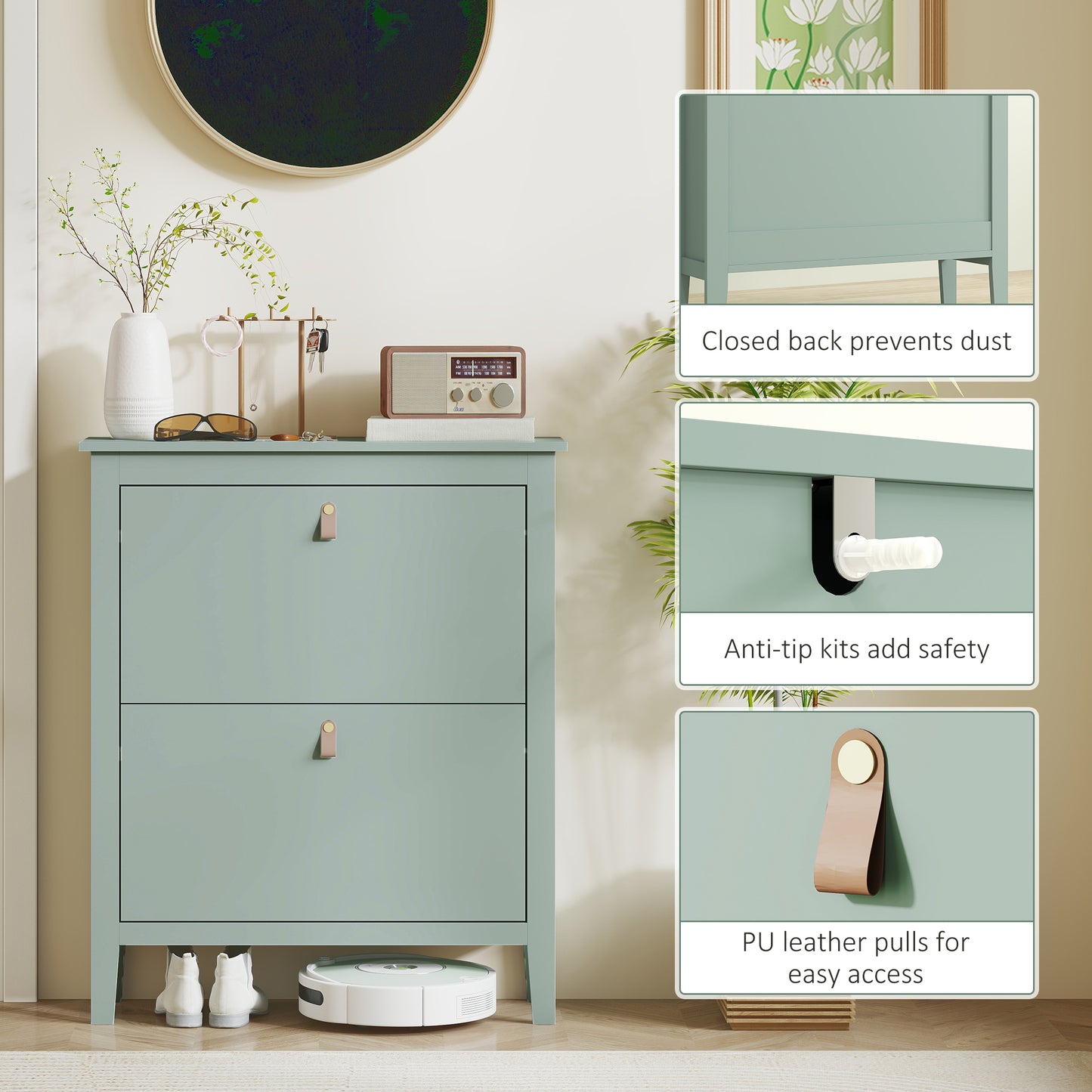 2 Drawer Shoe Cabinet with Flip Doors for Hallway, Entryway, Green
