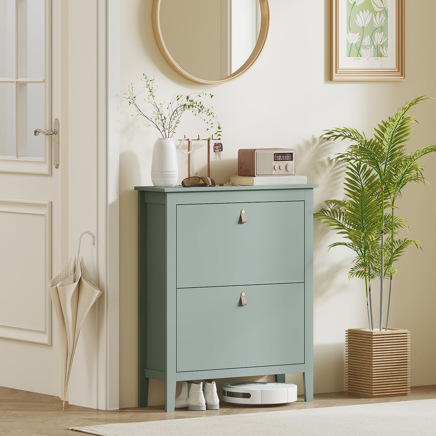2 Drawer Shoe Cabinet with Flip Doors for Hallway, Entryway, Green