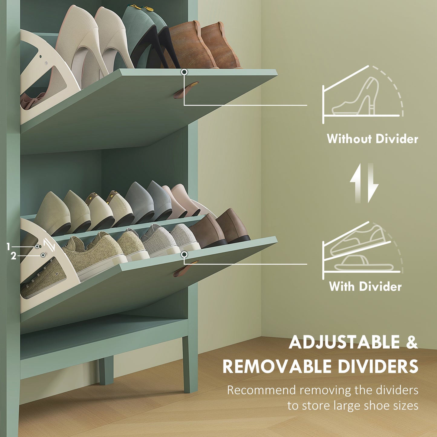2 Drawer Shoe Cabinet with Flip Doors for Hallway, Entryway, Green