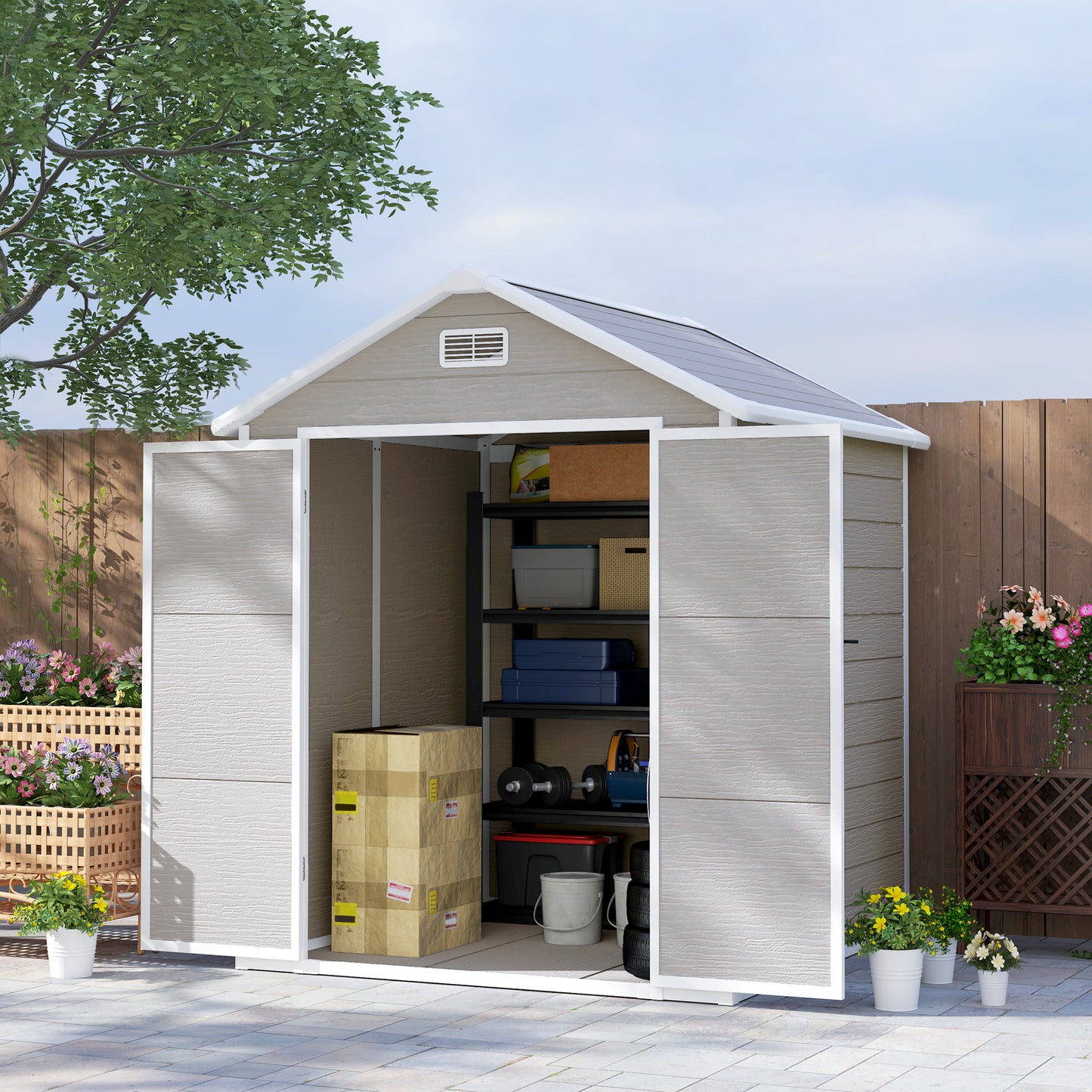 6 x 5ft Resin Garden Shed with Floor and Window, Dark Grey