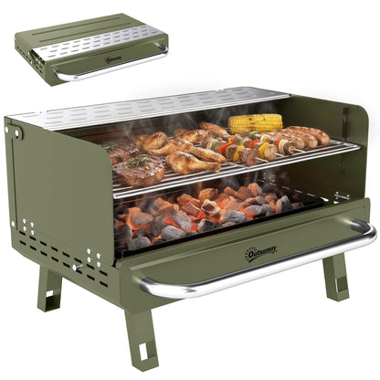 Portable Barbecue Grill with Adjustable Grates for Camping, Green