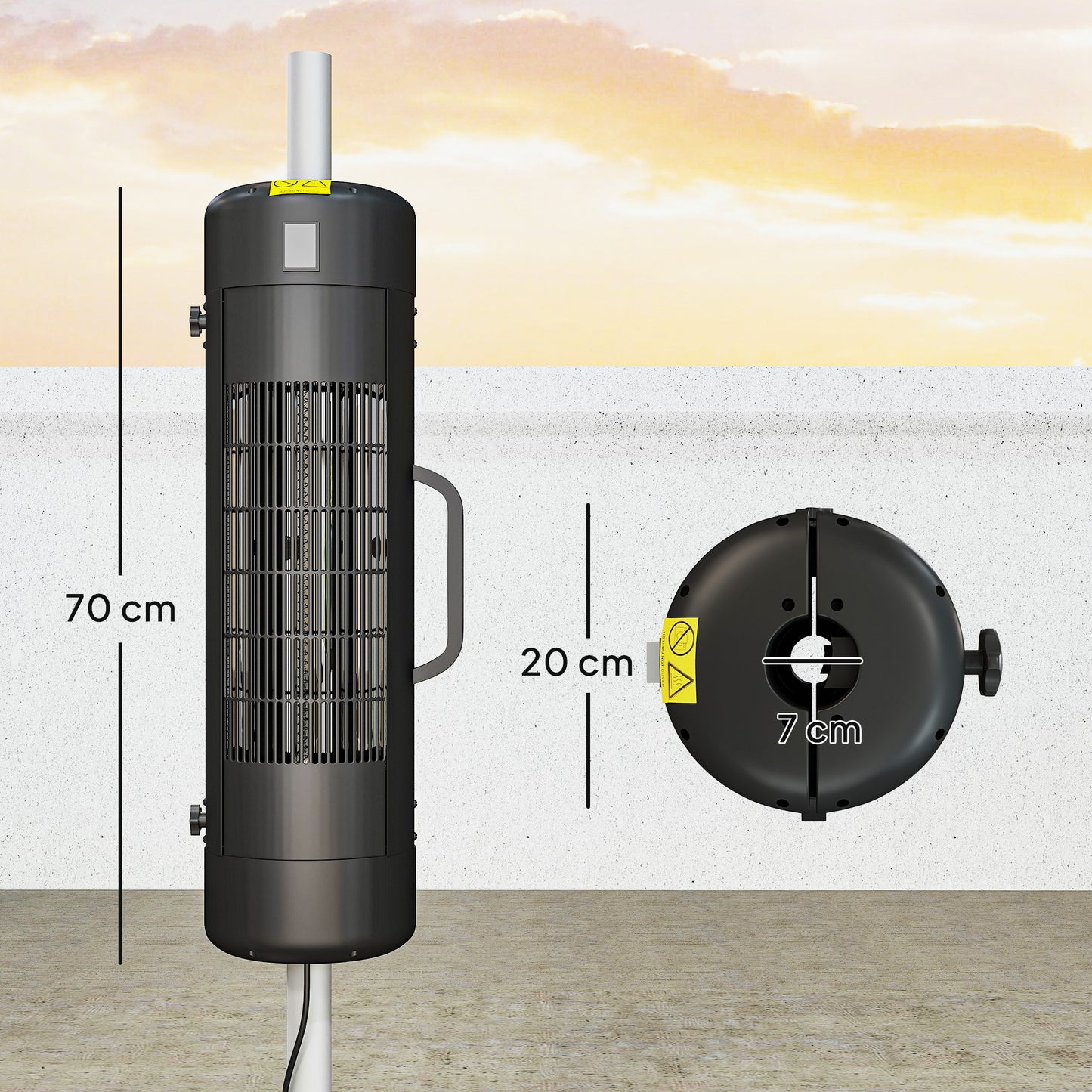 Electric Umbrella Parasol Mounted Patio Heater for 25-70 mm Poles, 2000 W Outdoor Garden Heater with 2 Heat Setting, 6 ㎡ Coverage, Tip-Over Protection, Black
