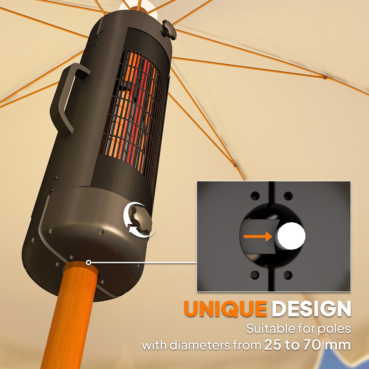 Electric Umbrella Parasol Mounted Patio Heater for 25-70 mm Poles, 2000 W Outdoor Garden Heater with 2 Heat Setting, 6 ㎡ Coverage, Tip-Over Protection, Black