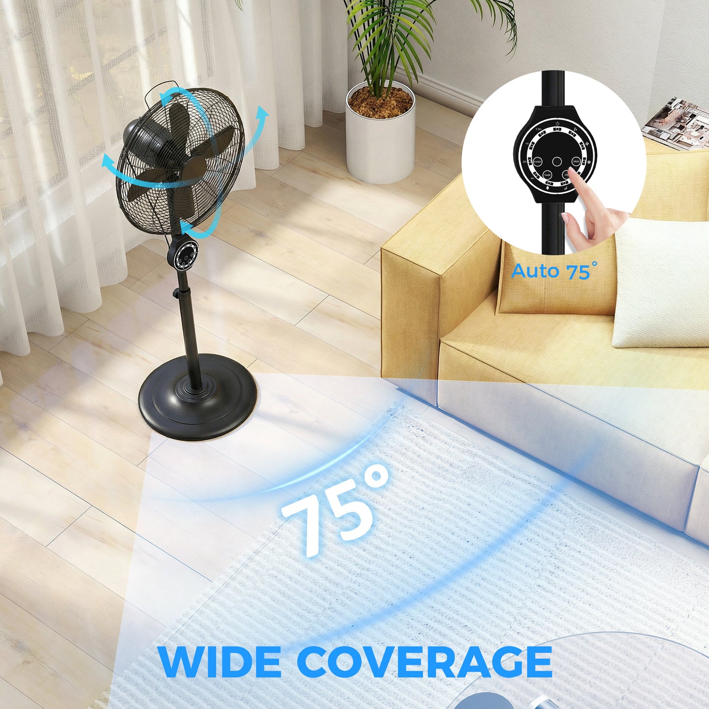 Metal Pedestal Fan with Oscillating, Adjustable Height, Timer