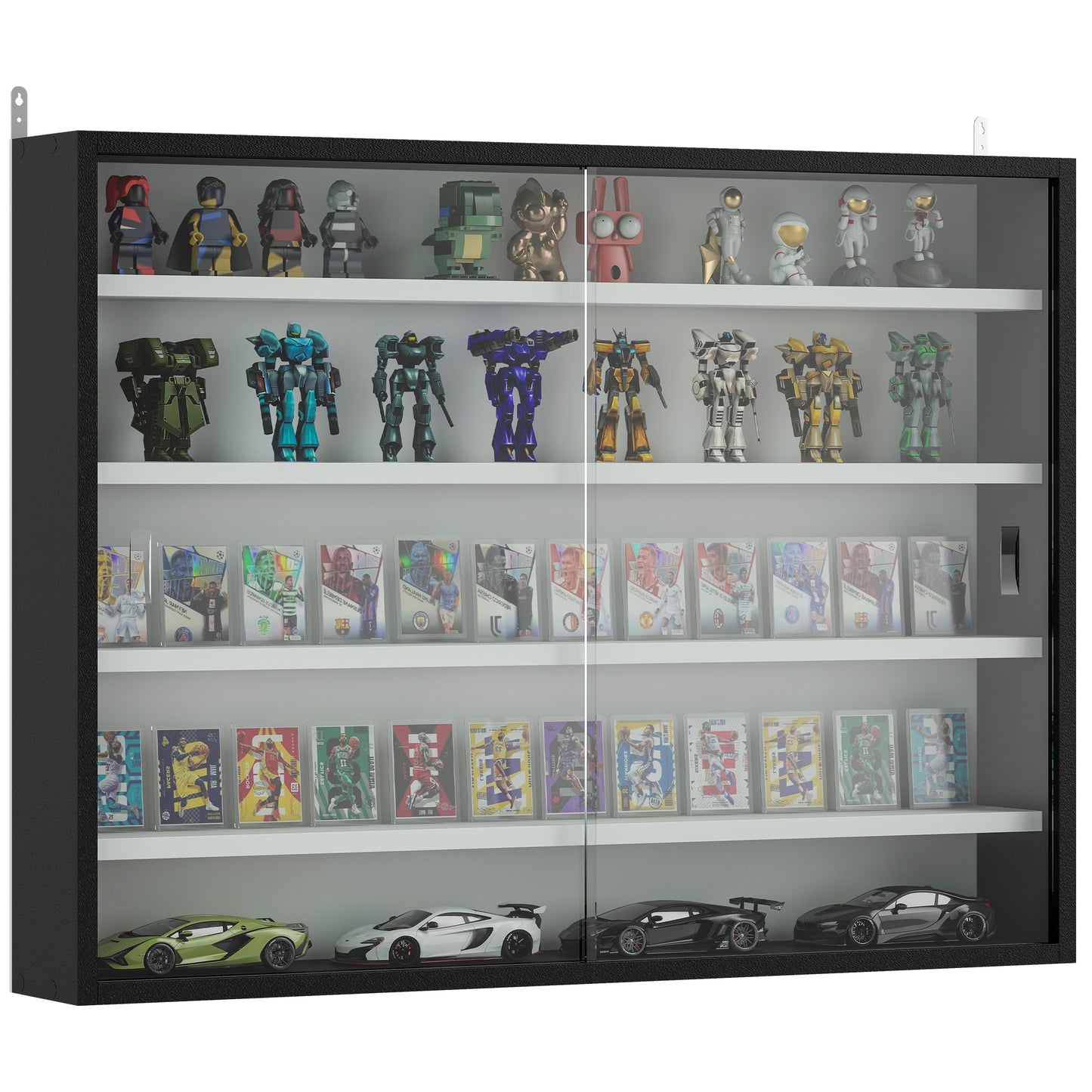5-Tier Wall Display Shelf Cabinet with Glass Doors, Black and White