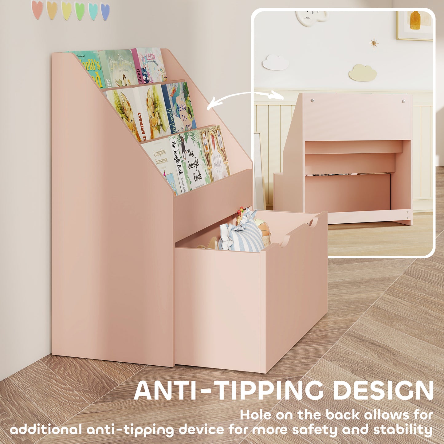 Kids Bookcase w/ 3 Tier Shelves, Drawer, for Bedroom, Nursery, Pink