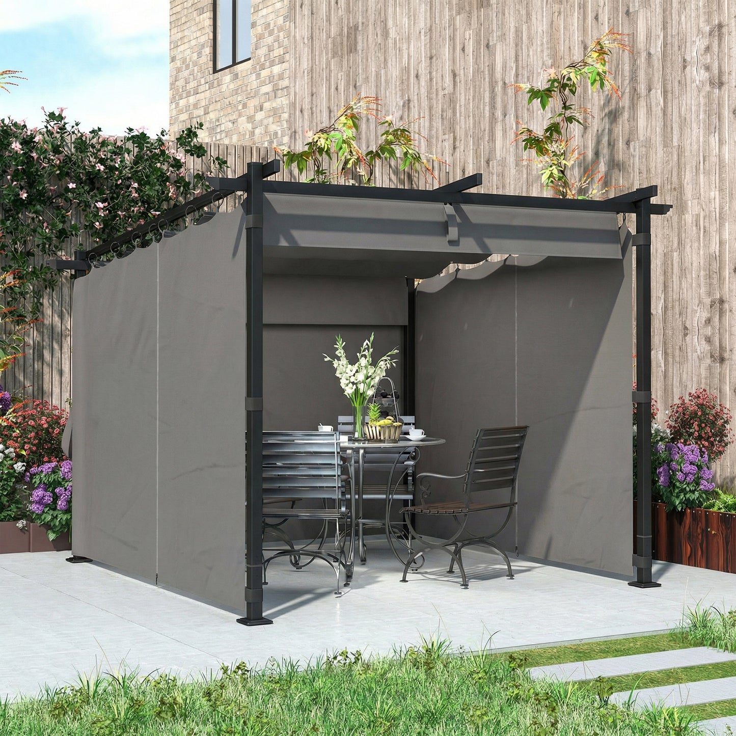 3 x 3(m) Metal Pergola with Retractable Roof and Sidewalls, Light Grey