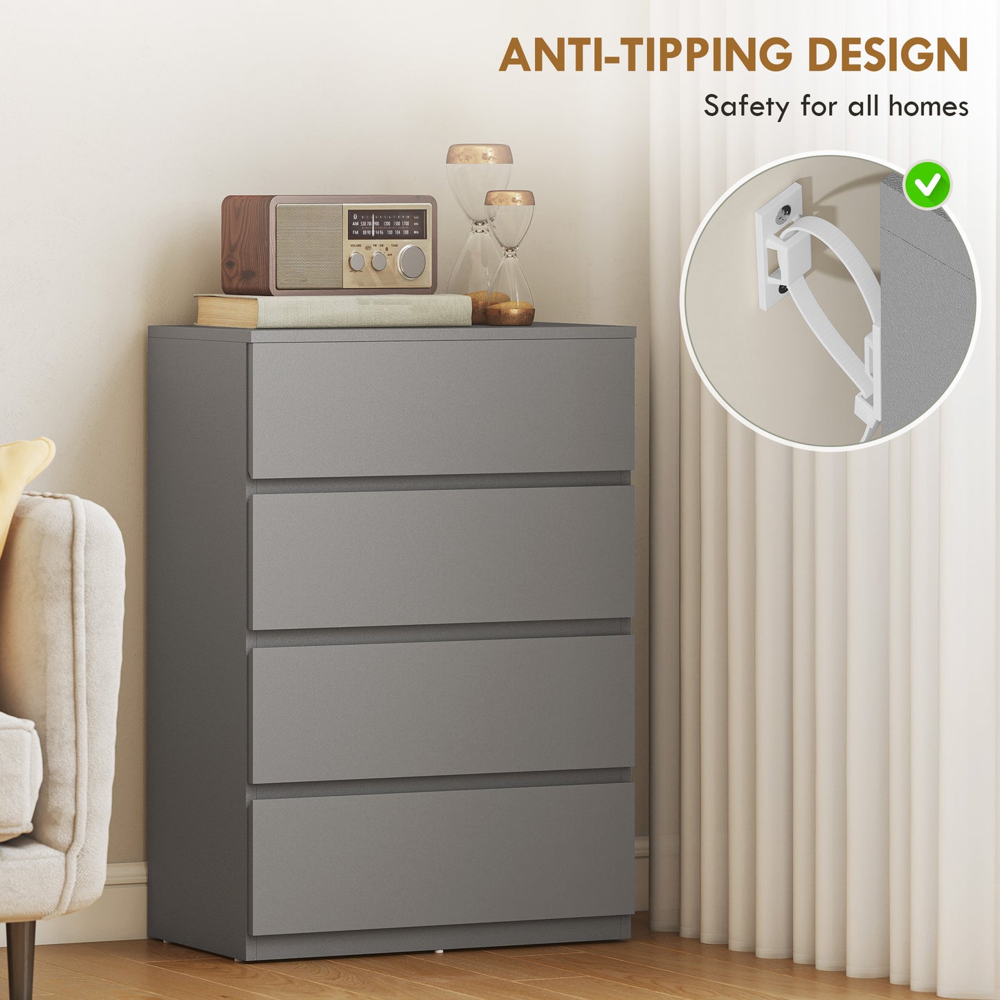 Bedroom Chest of Drawers, 4 Drawers Dresser, Drawer Unit, Grey