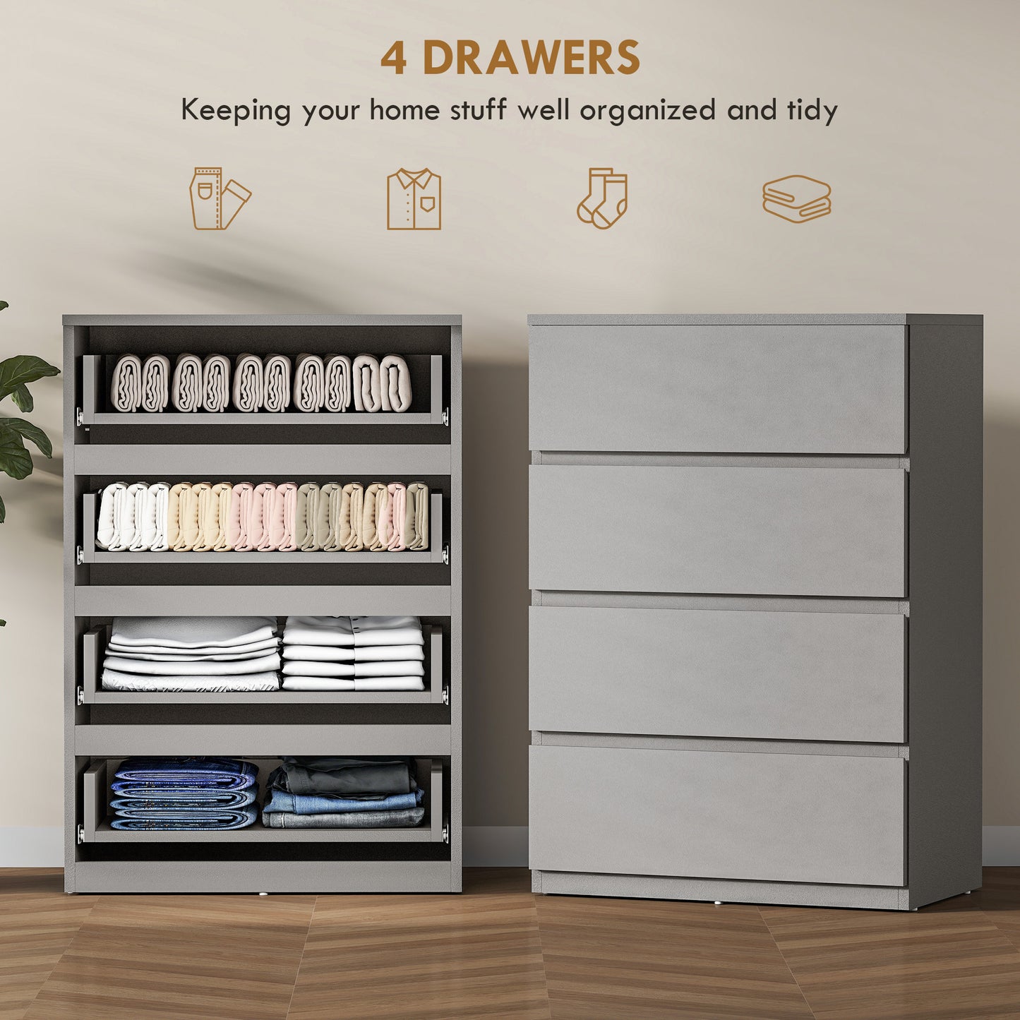 Bedroom Chest of Drawers, 4 Drawers Dresser, Drawer Unit, Grey