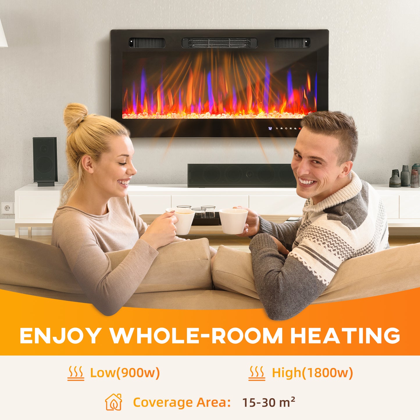 36" Wall Electric Fireplace, Slim Electric Fire, 1800W, Black