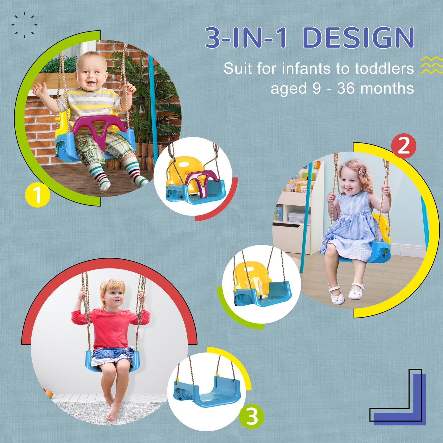 3 in 1 Kids Swing Seat, Adjustable Toddler Swing Chair, Light Blue