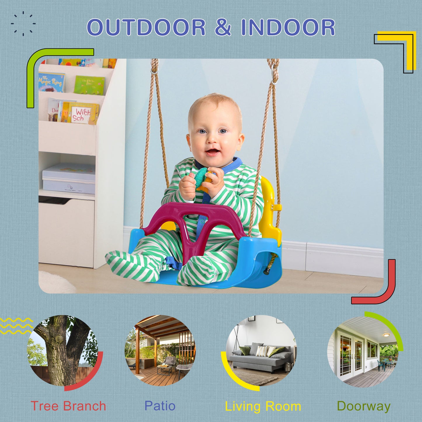3 in 1 Kids Swing Seat, Adjustable Toddler Swing Chair, Light Blue