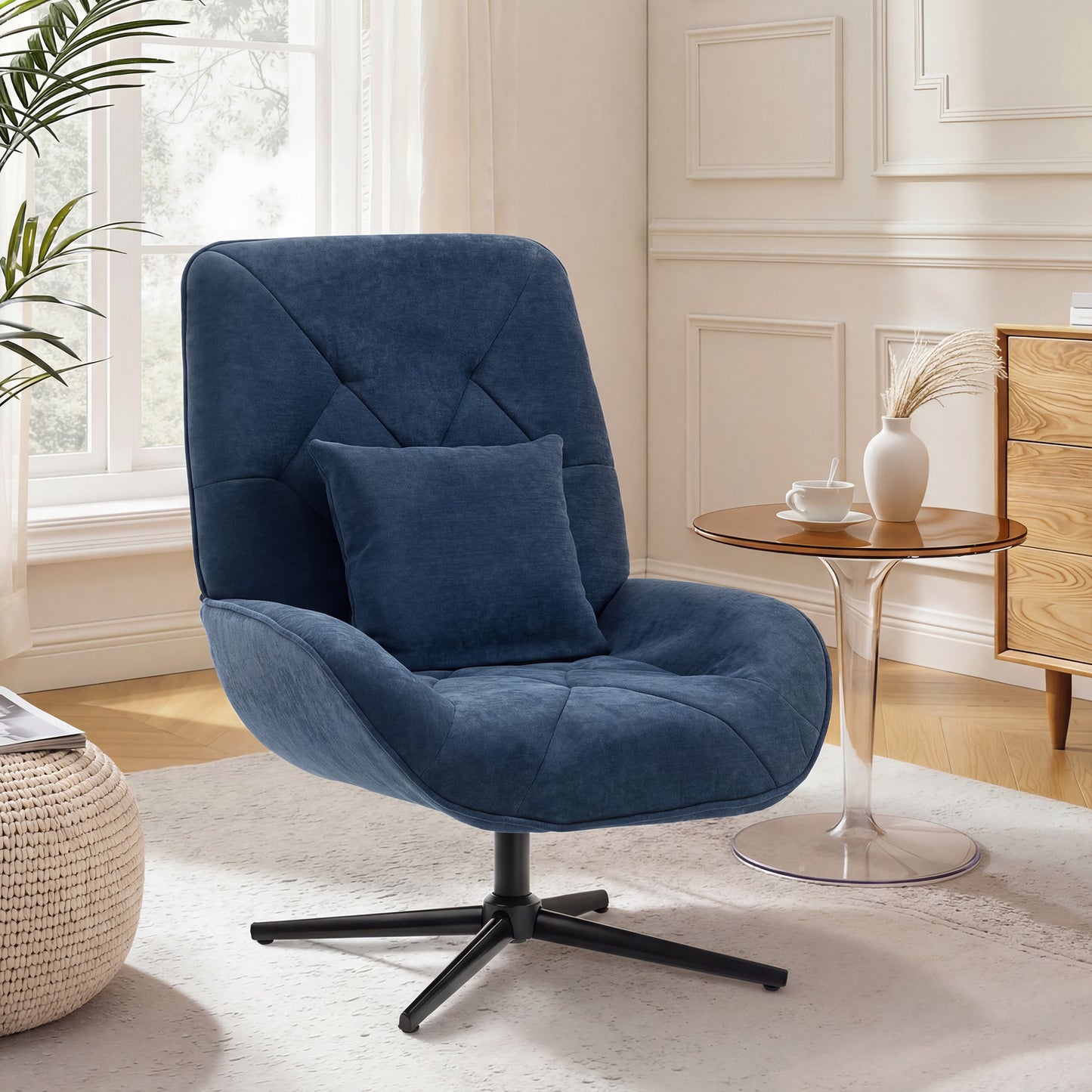 Swivel Accent Chair, Chenille Armchair with Lumbar Pillow, Dark Blue