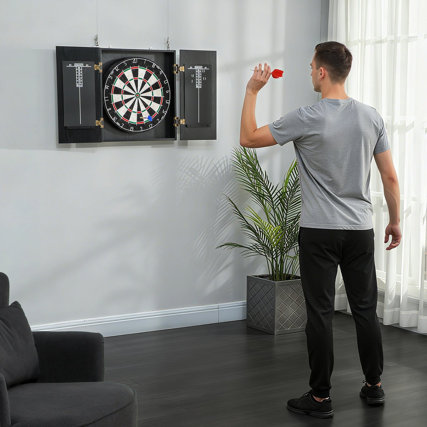 Bristle Dartboard Set with Cabinet, 6 Steel Tip Darts, Dart Board