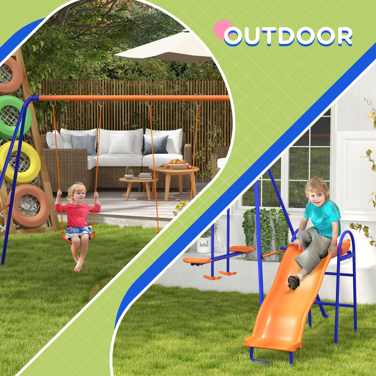 4 in 1 Metal Garden Swing Set with Double Swings Glider Slide Ladder Orange