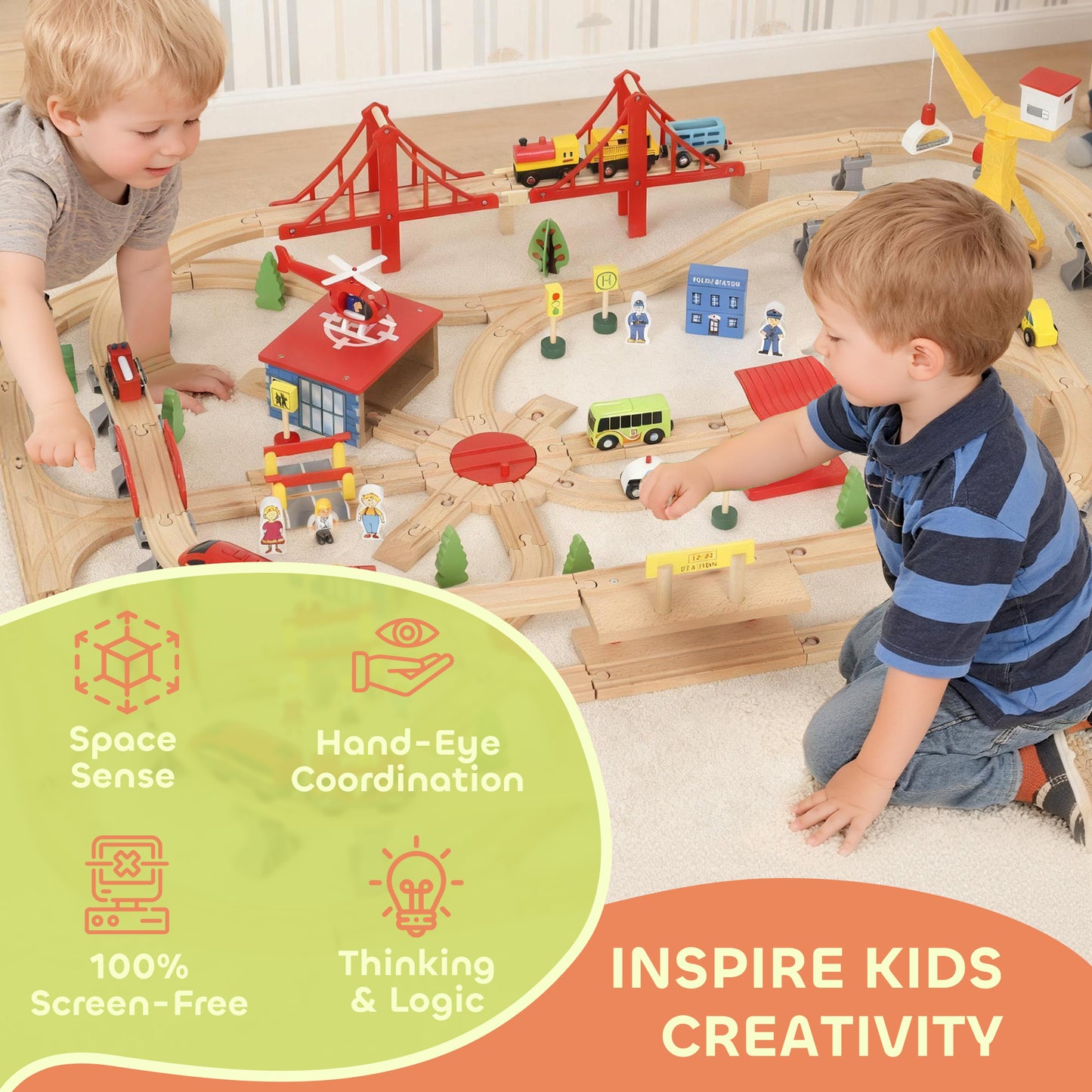 133 Piece Wooden Train Set, Toy Train Set with Crane for 3+ Years
