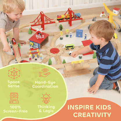 133 Piece Wooden Train Set, Toy Train Set with Crane for 3+ Years
