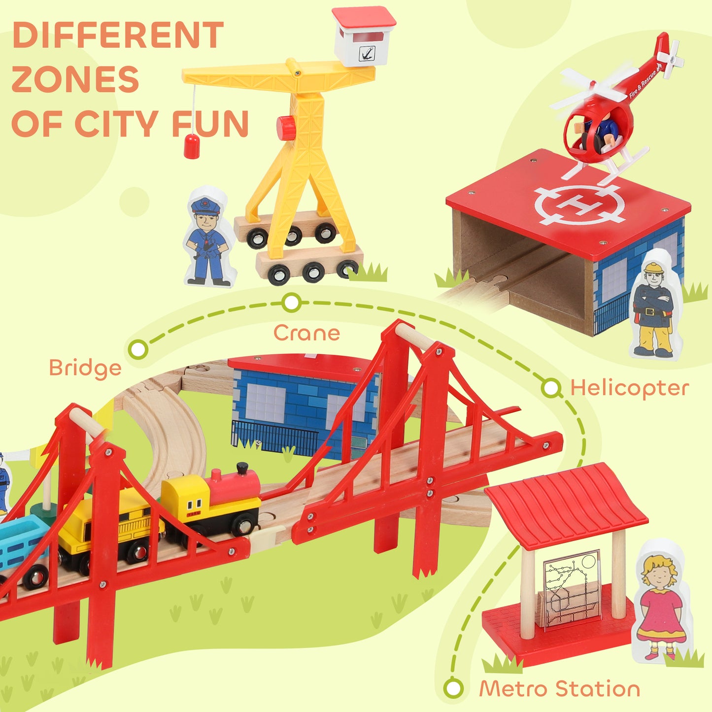 133 Piece Wooden Train Set, Toy Train Set with Crane for 3+ Years