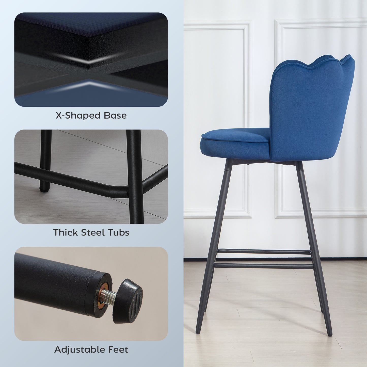 Set of 2 Barstools with Petal Backrest for Kitchen Island Dark Blue