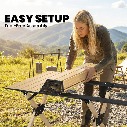 4ft Folding Camping Table, Picnic Table with Roll Up Top, Brown