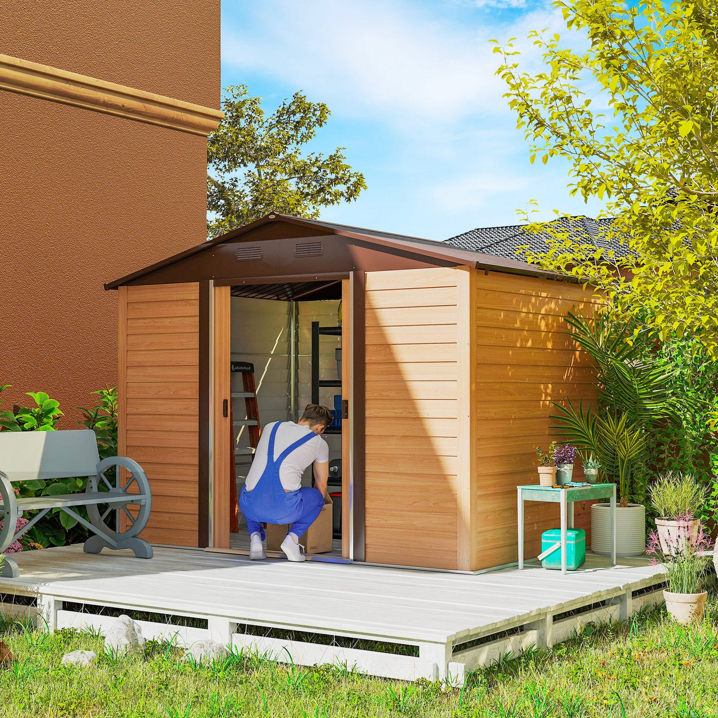 9.1x6.4ft Garden Shed, Tool Storage Sliding Door Wood Effect