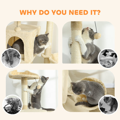 140cm Cat Tree Tower with Sisal Scratching Posts, Condos, Beige