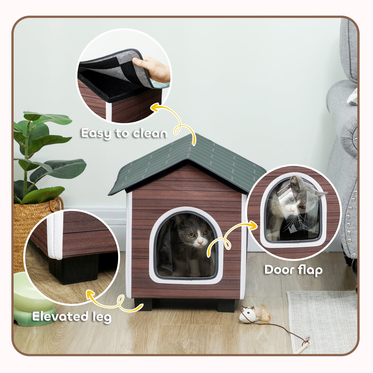 Insulated Outdoor Cat House, Waterproof Feral Cat Shelter with Elevated Base, Cushion, Pet House Indoor Outdoor for Stray Animals, Red-brown