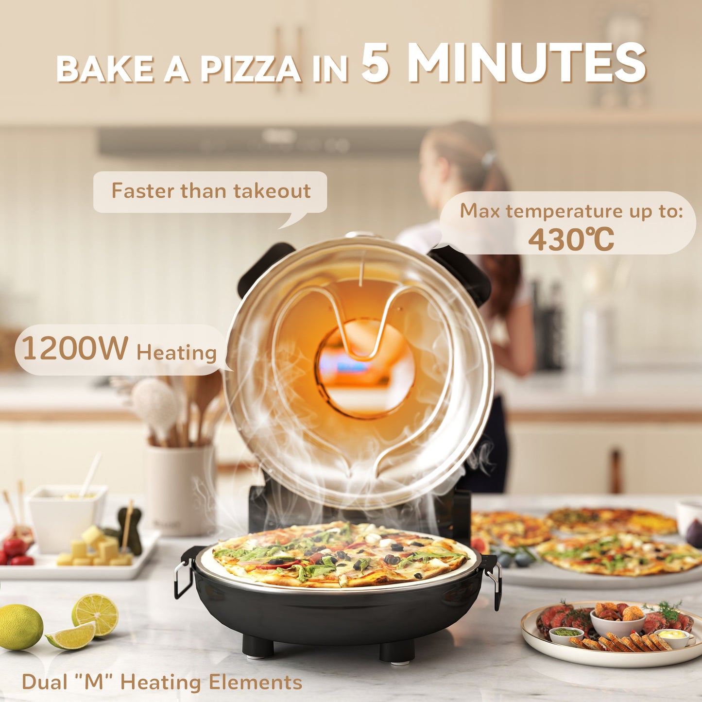 1200W Pizza Oven, Pizza Maker, 5-Min Crisp, Dual Knob Control, Black
