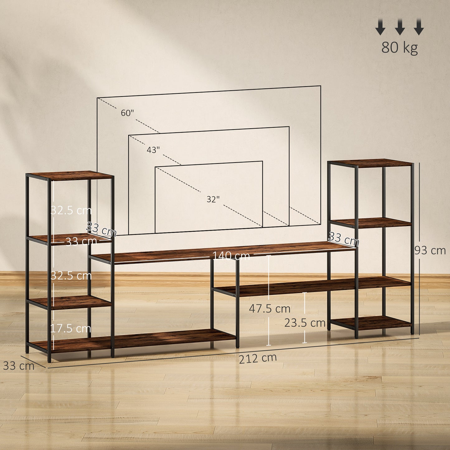 TV Unit for TVs up to 60 Inches, Industrial TV Stand with Shelves