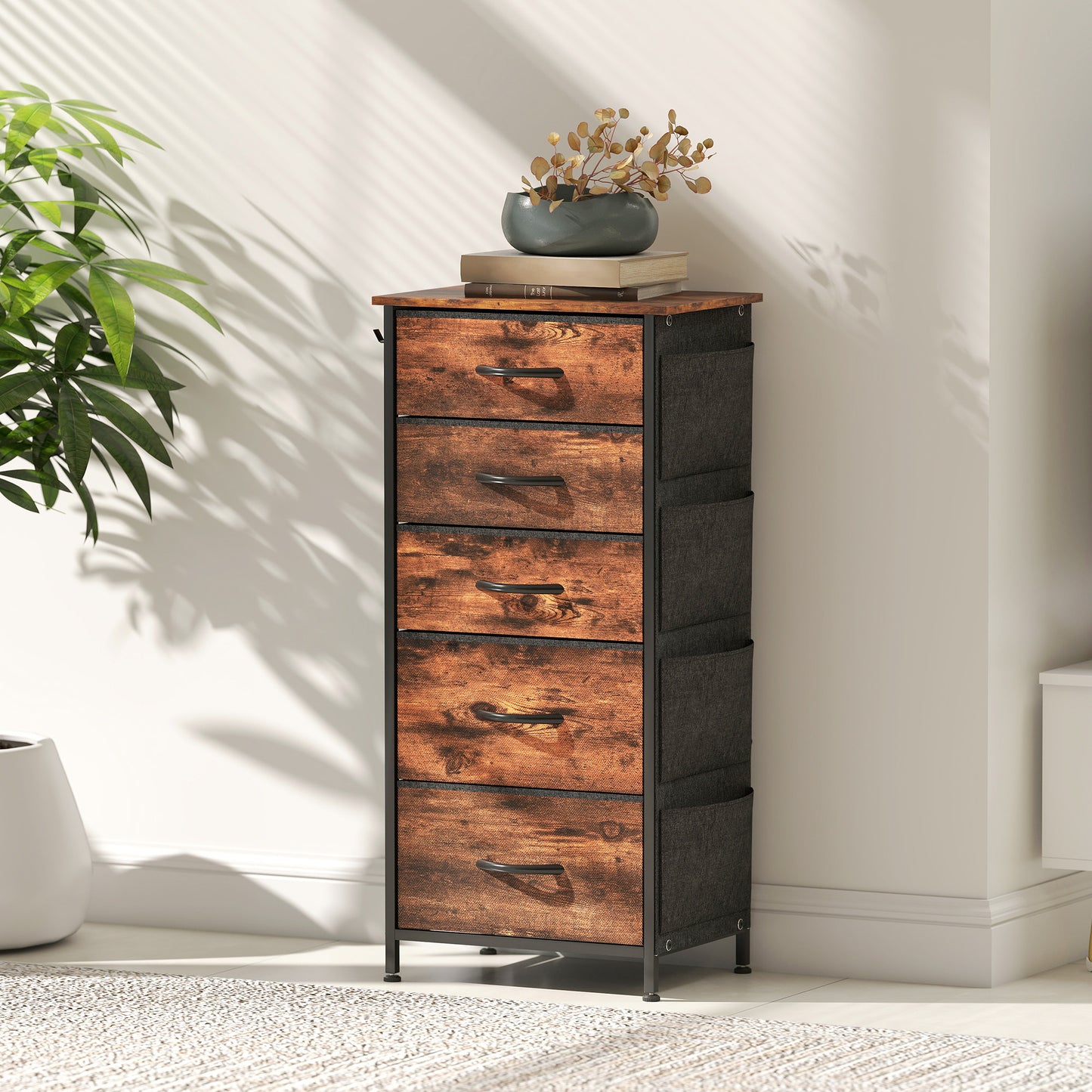 Fabric Chest of Drawers, 5 Drawer Dresser for Bedroom, Rustic Brown