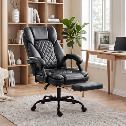 High-Back Executive Home Office Chair, PU Leather Computer Desk Chair with 360 Degree Swivel, Reclining Function, Retractable Footrest and Adjustable Height, Black