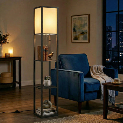 3-Tier Floor Lamp with Shelves and Storage, Modern Corner Standing Lamp with Lampshade, Reading Light with Foot Switch for Living Room, Bedroom, Home Office, LED Bulb Included, Black
